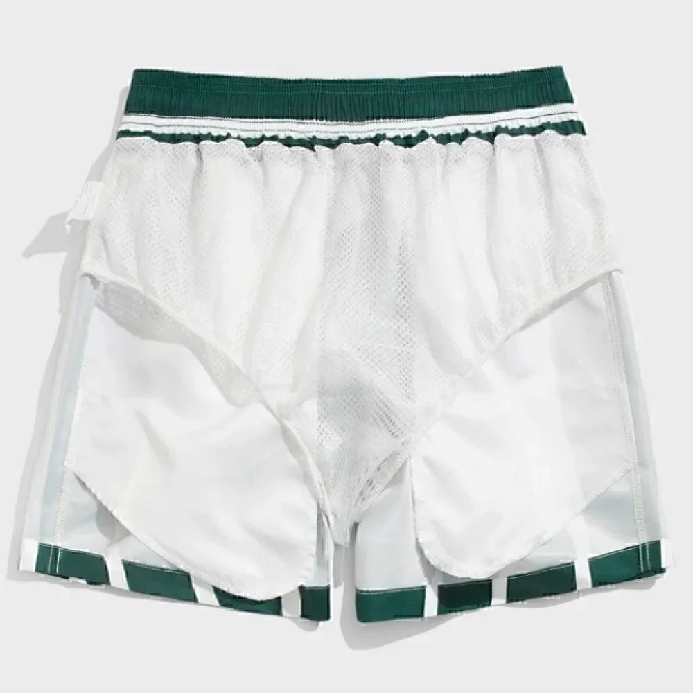 Green Vacation Style Striped Men's Swim Trunks